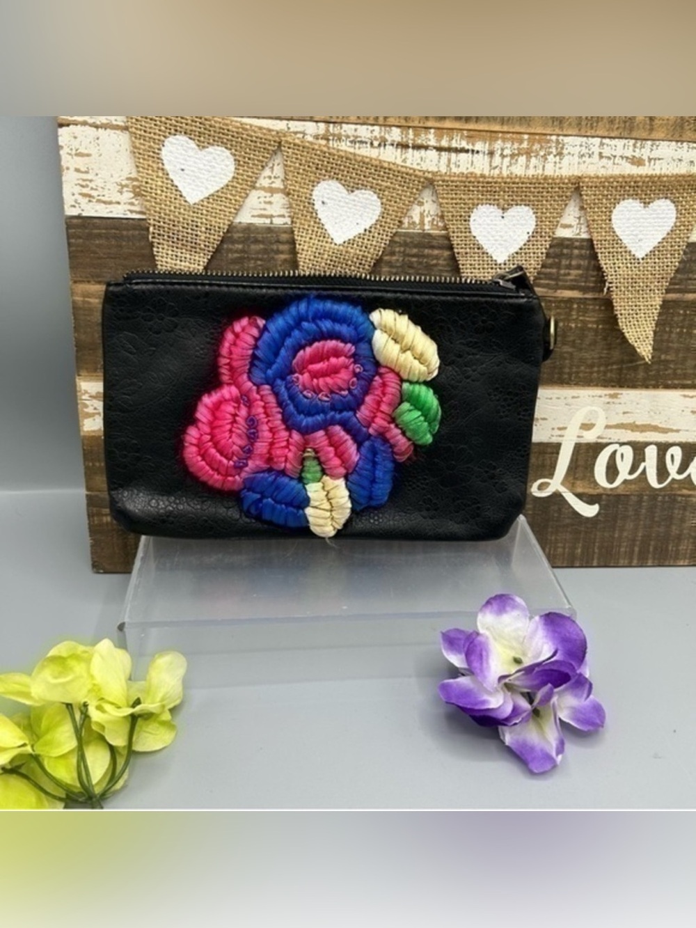 🌸London Fog Black Clutch with Colorful Floral Rosette